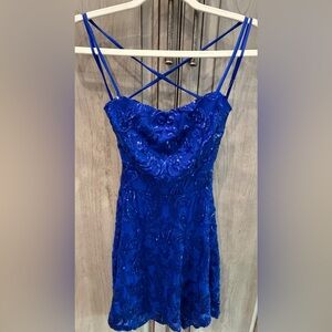 Lovesome Royal Blue Beaded Spaghetti Formal Strap Dress Small